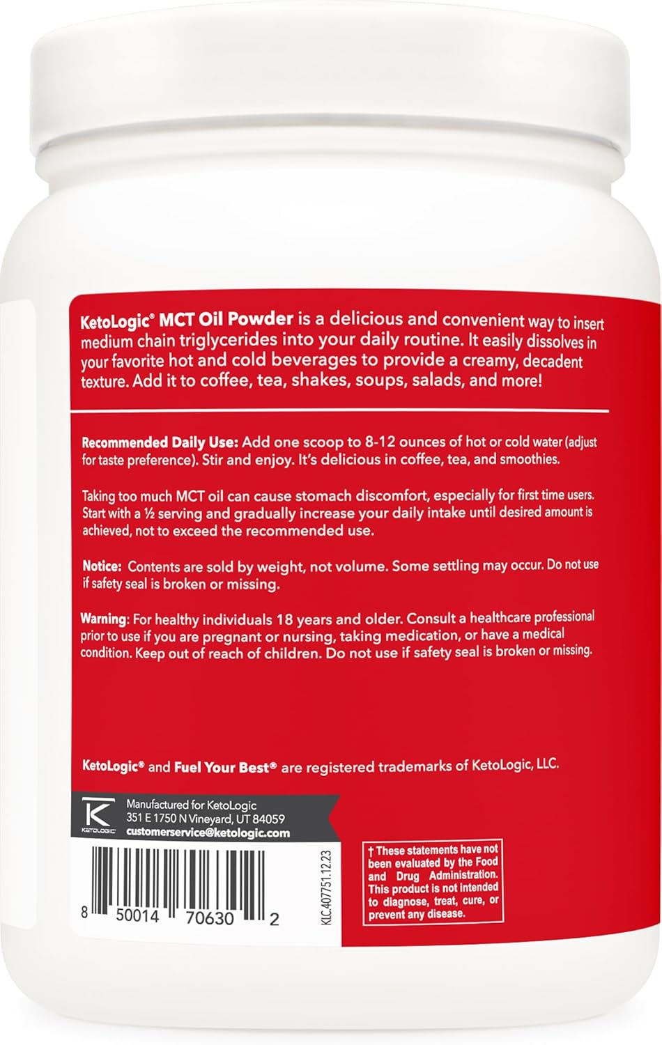 French Vanilla Ketologic MCT Oil Powder - 1 LB, 41 Servings, Medium Chain Triglycerides Supplement