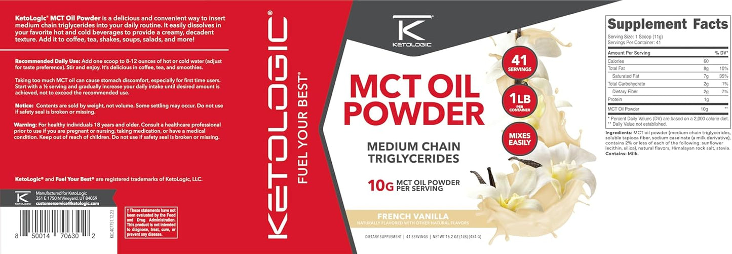 French Vanilla Ketologic MCT Oil Powder - 1 LB, 41 Servings, Medium Chain Triglycerides Supplement