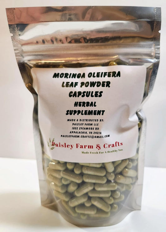 Freshly Made Non-GMO Moringa Oleifera Leaf Capsules - 100% Pure Herbal Supplement - 300 Capsules - From Paisley Farm and Crafts
