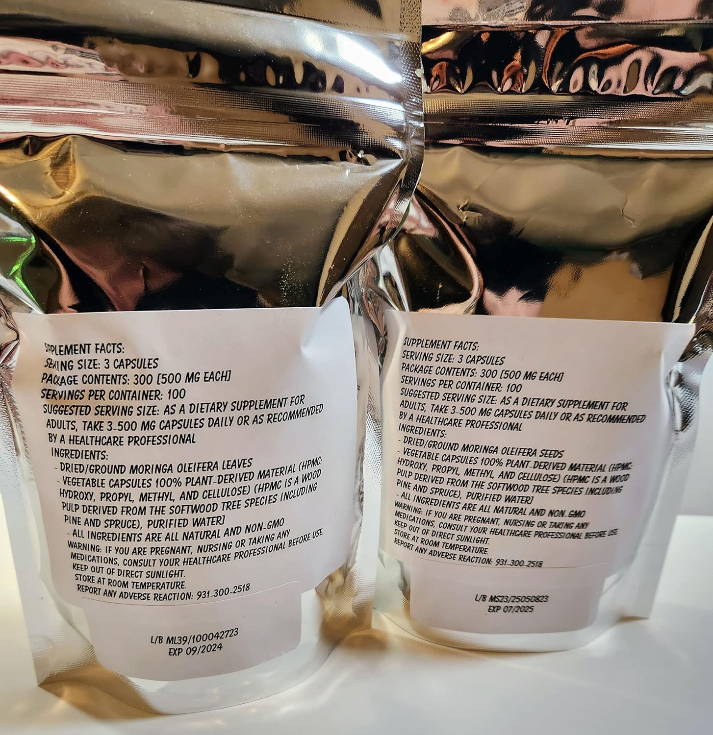Freshly Made Non-GMO Moringa Oleifera Leaf Capsules - 100% Pure Herbal Supplement - 300 Capsules - From Paisley Farm and Crafts