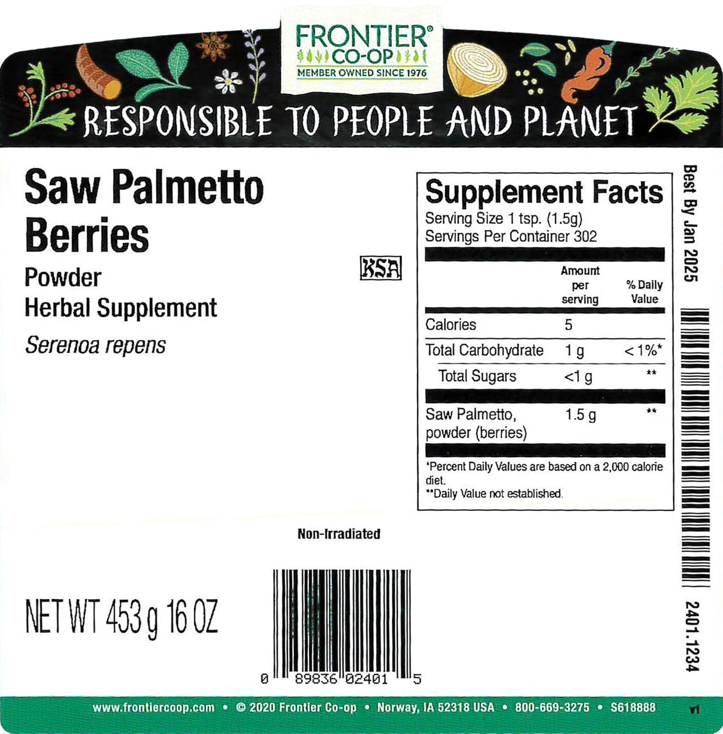 Frontier Co-op Saw Palmetto Berries Powder - 1 Pound Bulk Pack