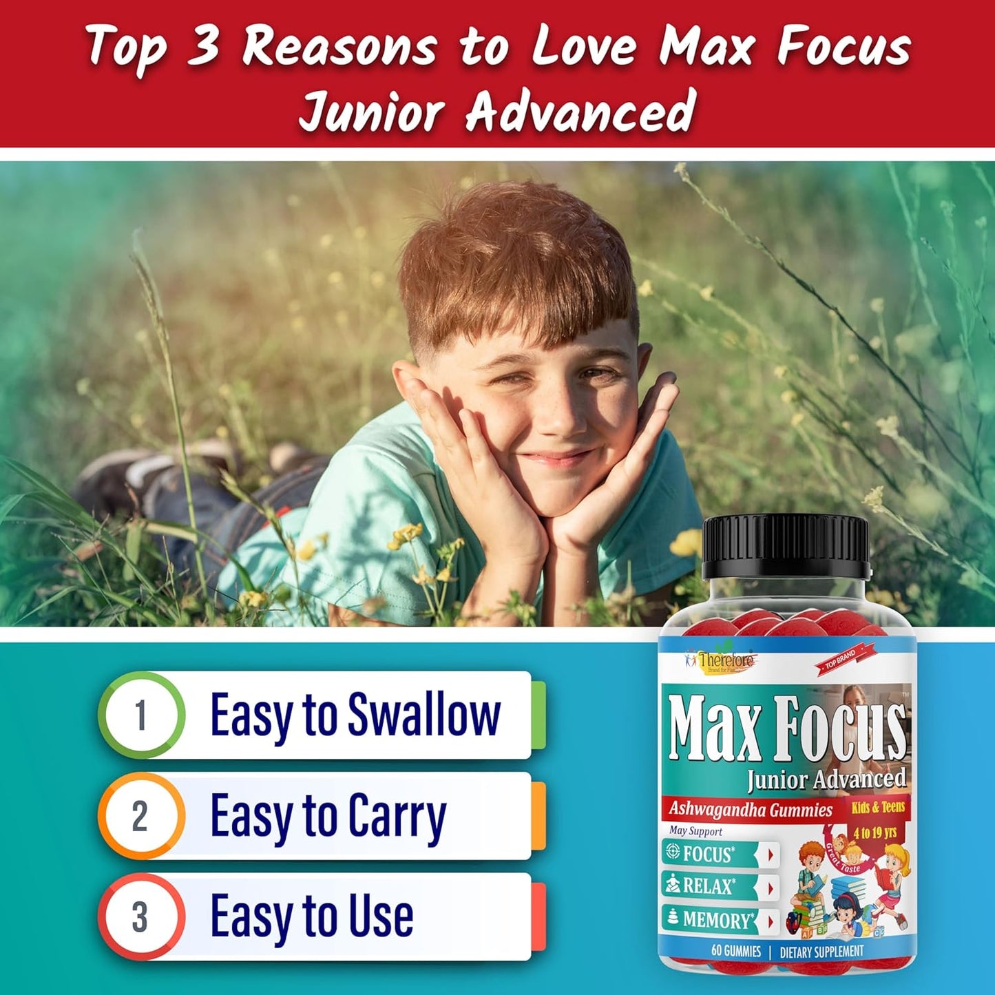 Fruity Flavored Ashwagandha Gummies for Kids & Teens - Calm Mood, Sleep, Memory, Energy - 60 Ct