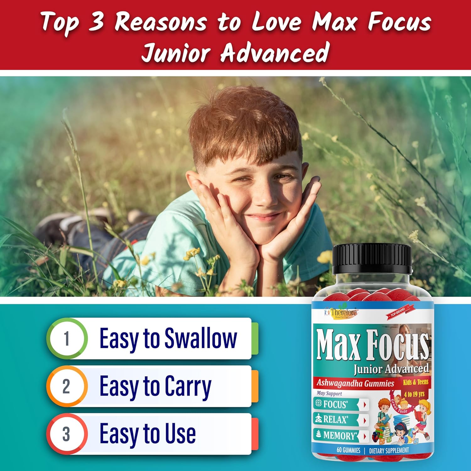 Fruity Flavored Ashwagandha Gummies for Kids & Teens - Calm Mood, Sleep, Memory, Energy - 60 Ct