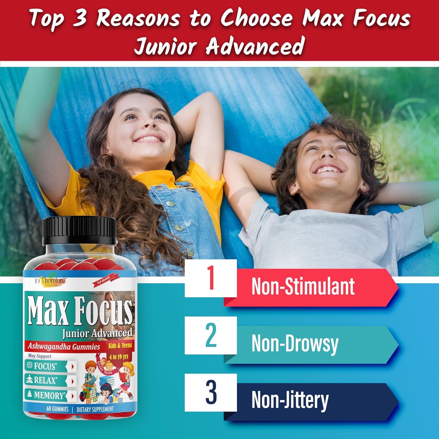 Fruity Flavored Ashwagandha Gummies for Kids & Teens - Calm Mood, Sleep, Memory, Energy - 60 Ct