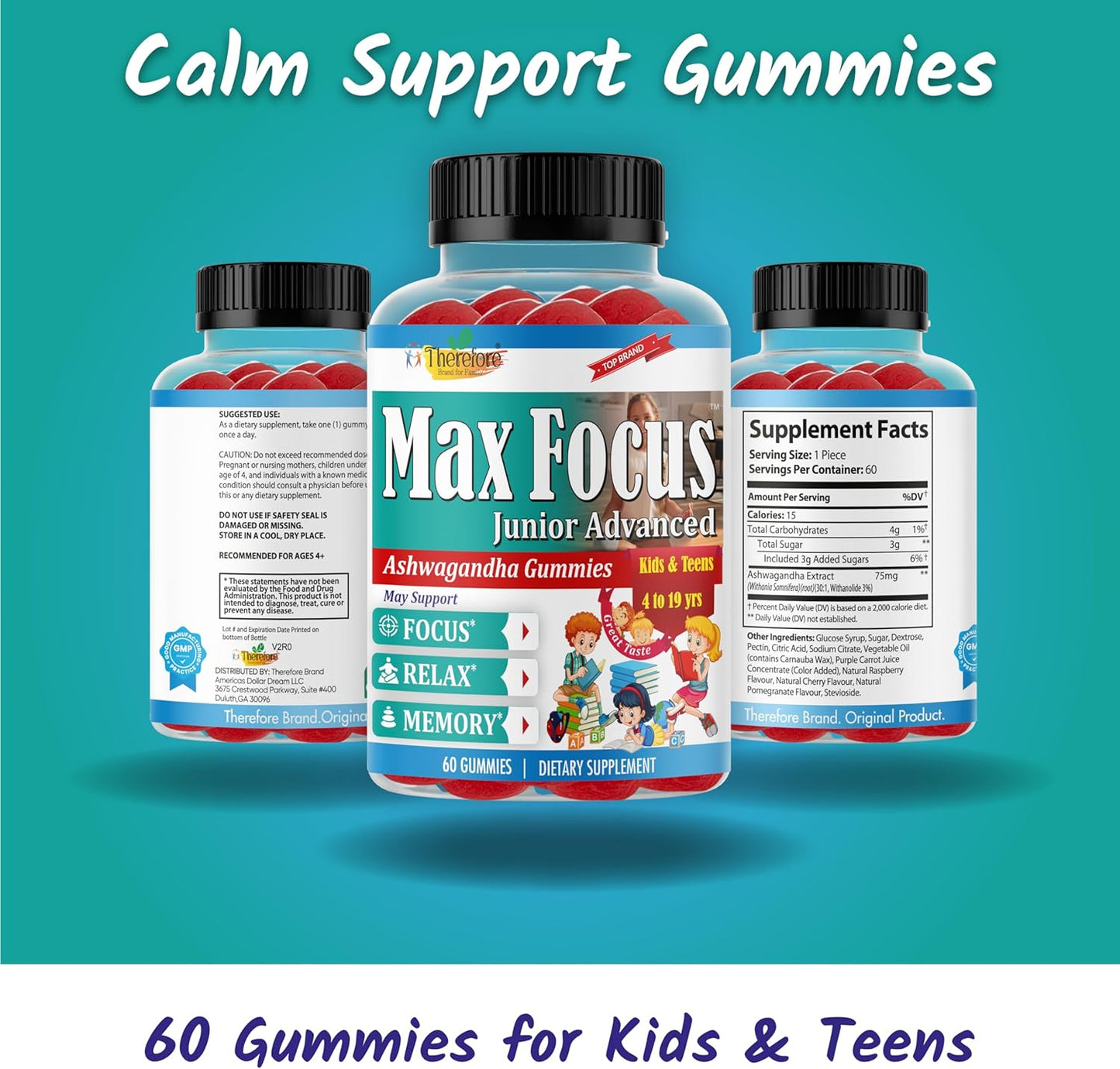 Fruity Flavored Ashwagandha Gummies for Kids & Teens - Calm Mood, Sleep, Memory, Energy - 60 Ct