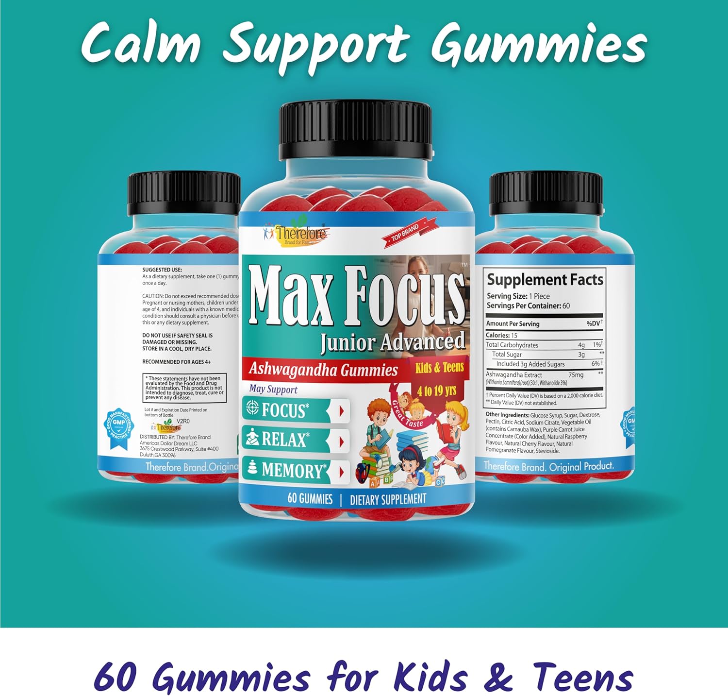 Fruity Flavored Ashwagandha Gummies for Kids & Teens - Calm Mood, Sleep, Memory, Energy - 60 Ct