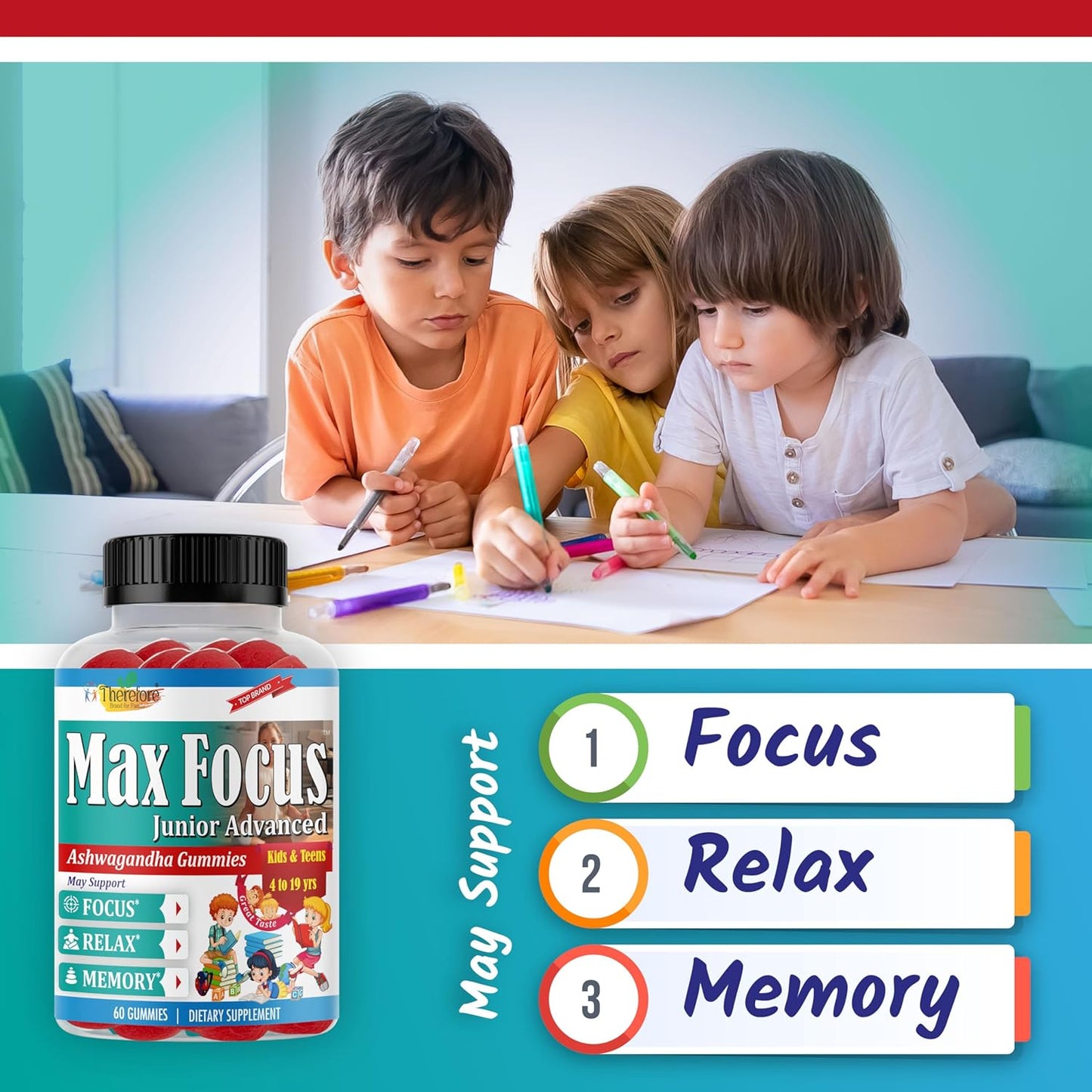 Fruity Flavored Ashwagandha Gummies for Kids & Teens - Calm Mood, Sleep, Memory, Energy - 60 Ct