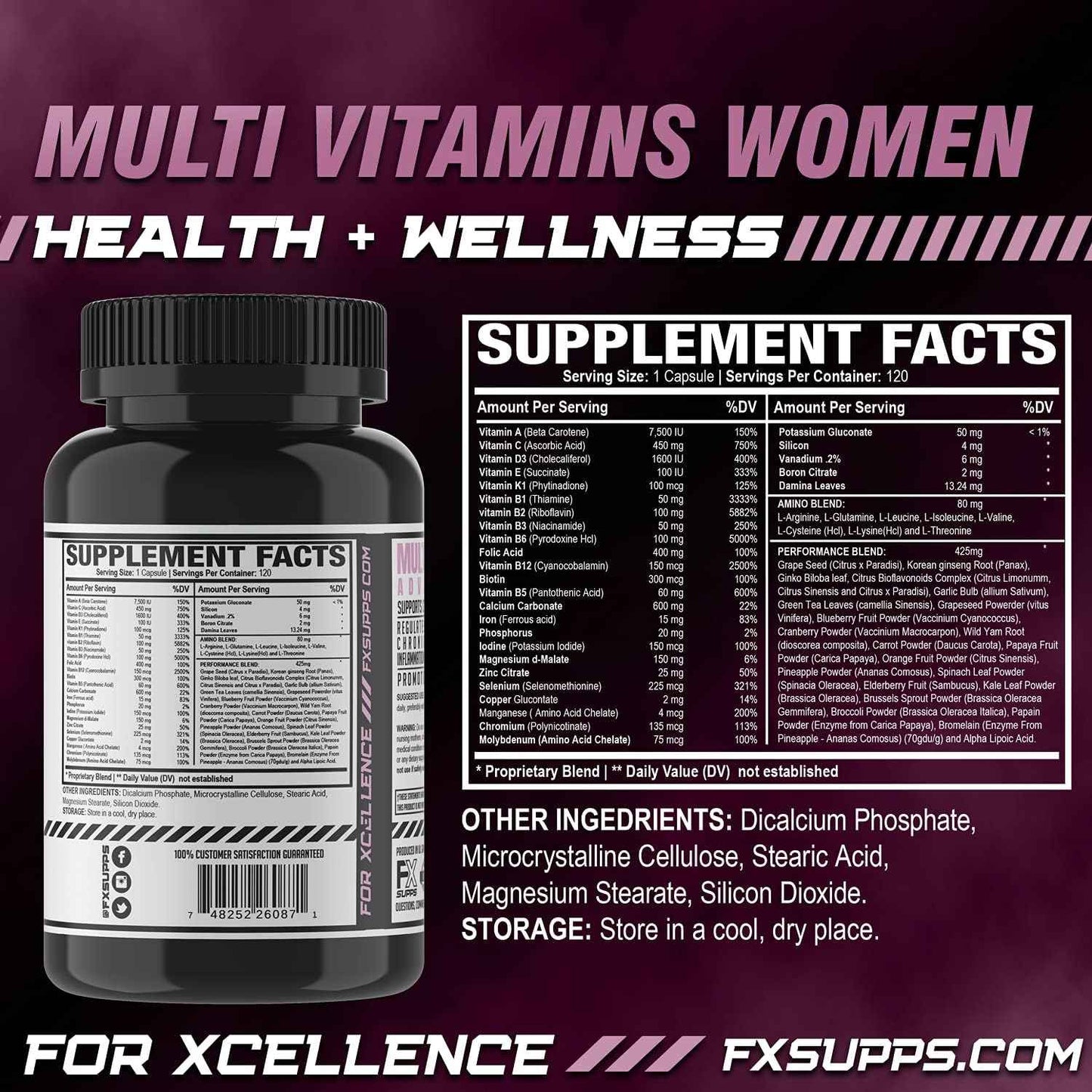 FXSUPPS Multivitamin for Women with Vitamin C, Vitamin D, Vitamin E, Zinc for Immune Support - Vegan Women's Multivitamin with Biotin, Iron, Antioxidants + Amino Acids (120 Count)