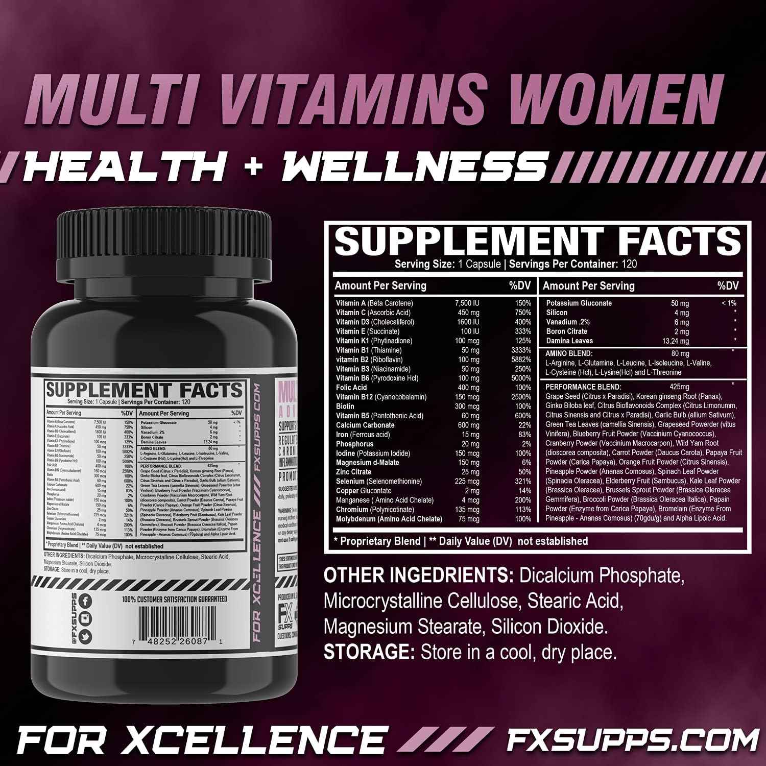 FXSUPPS Multivitamin for Women with Vitamin C, Vitamin D, Vitamin E, Zinc for Immune Support - Vegan Women's Multivitamin with Biotin, Iron, Antioxidants + Amino Acids (120 Count)