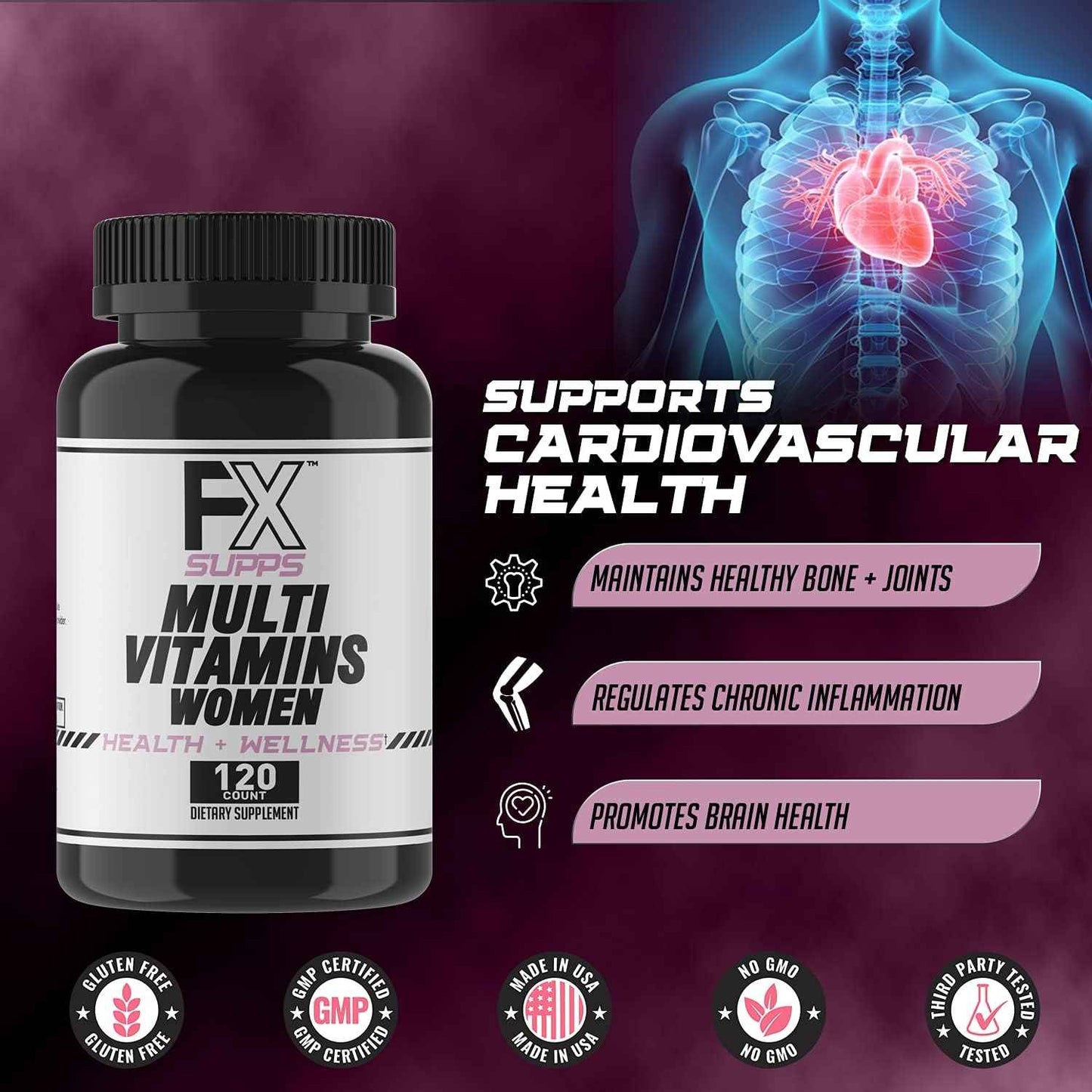 FXSUPPS Multivitamin for Women with Vitamin C, Vitamin D, Vitamin E, Zinc for Immune Support - Vegan Women's Multivitamin with Biotin, Iron, Antioxidants + Amino Acids (120 Count)