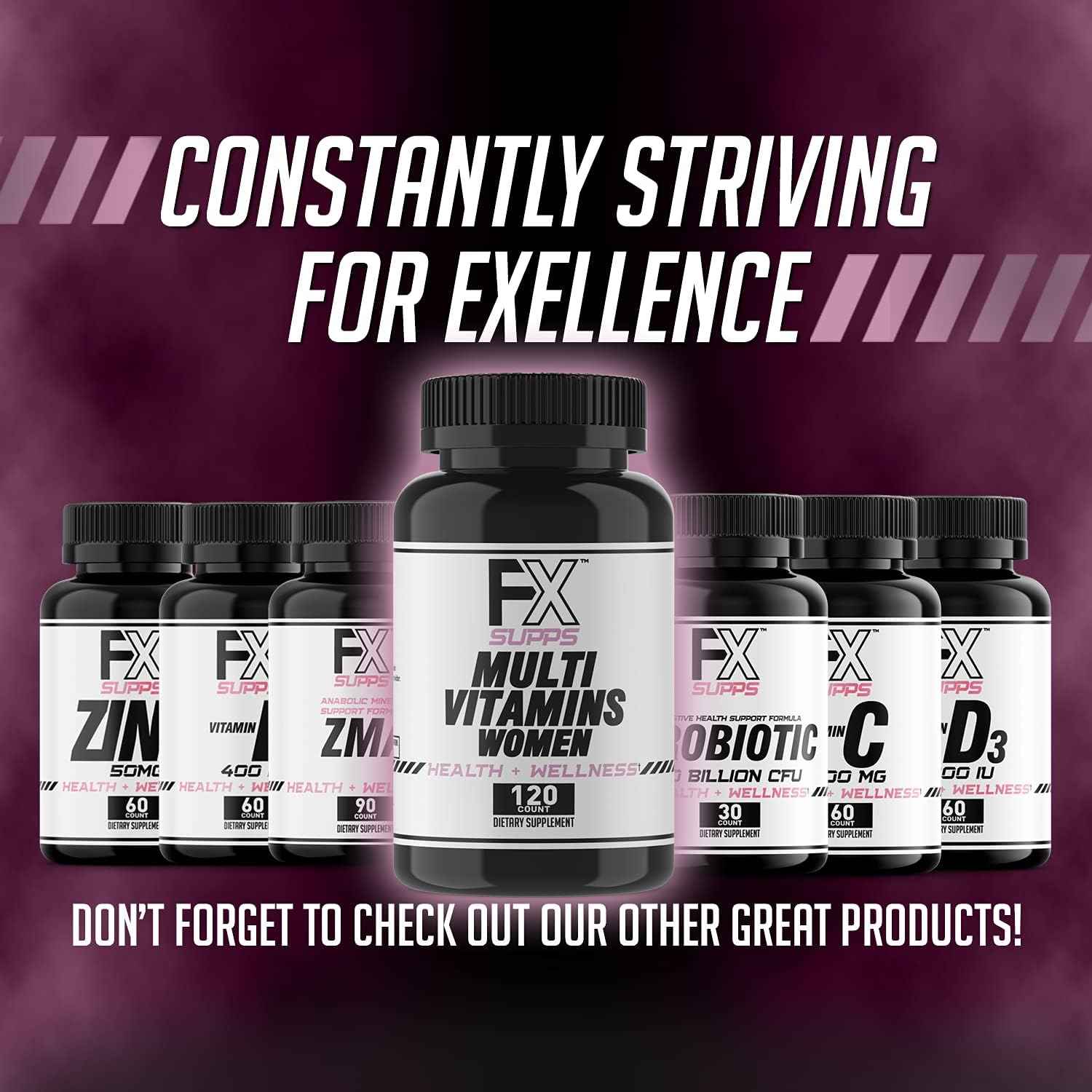 FXSUPPS Multivitamin for Women with Vitamin C, Vitamin D, Vitamin E, Zinc for Immune Support - Vegan Women's Multivitamin with Biotin, Iron, Antioxidants + Amino Acids (120 Count)