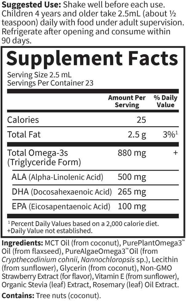 Garden of Life Plant Omega-3 Ala, Dha & Epa Supplement for Children -Liquid, Strawberry - Vegan Brain & Eye Support for Kids, Sugar Free & Non-GMO - 2 Fl Oz