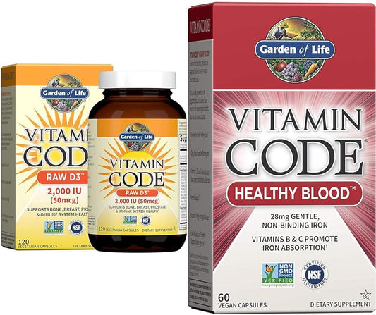 Garden of Life Vitamin Code D3 & Healthy Blood Supplement Combo, 2000 IU, 60ct Capsules - Whole Food Raw Formula