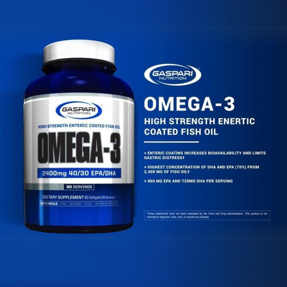 Gaspari Nutrition Omega-3 Fish Oil Softgels, High Strength with Enhanced Bioavailability, Reduced Gastric Discomfort, EPA and DHA 2400mg (60 Count)