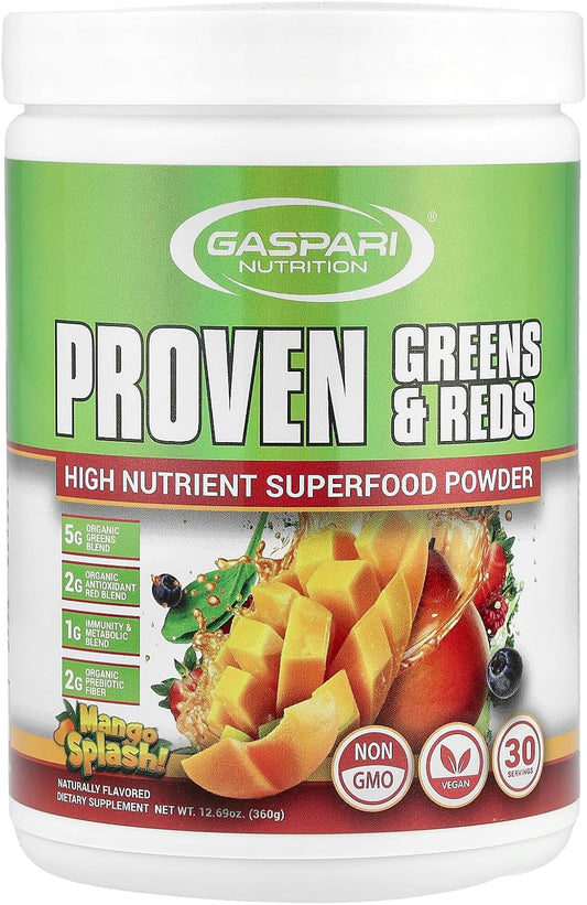Gaspari Nutrition Organic Superfood Powder: Greens and Reds Blend with Immune Support, Probiotics, Fiber - Vegan, Non-GMO, Mango Flavor - 30 Servings