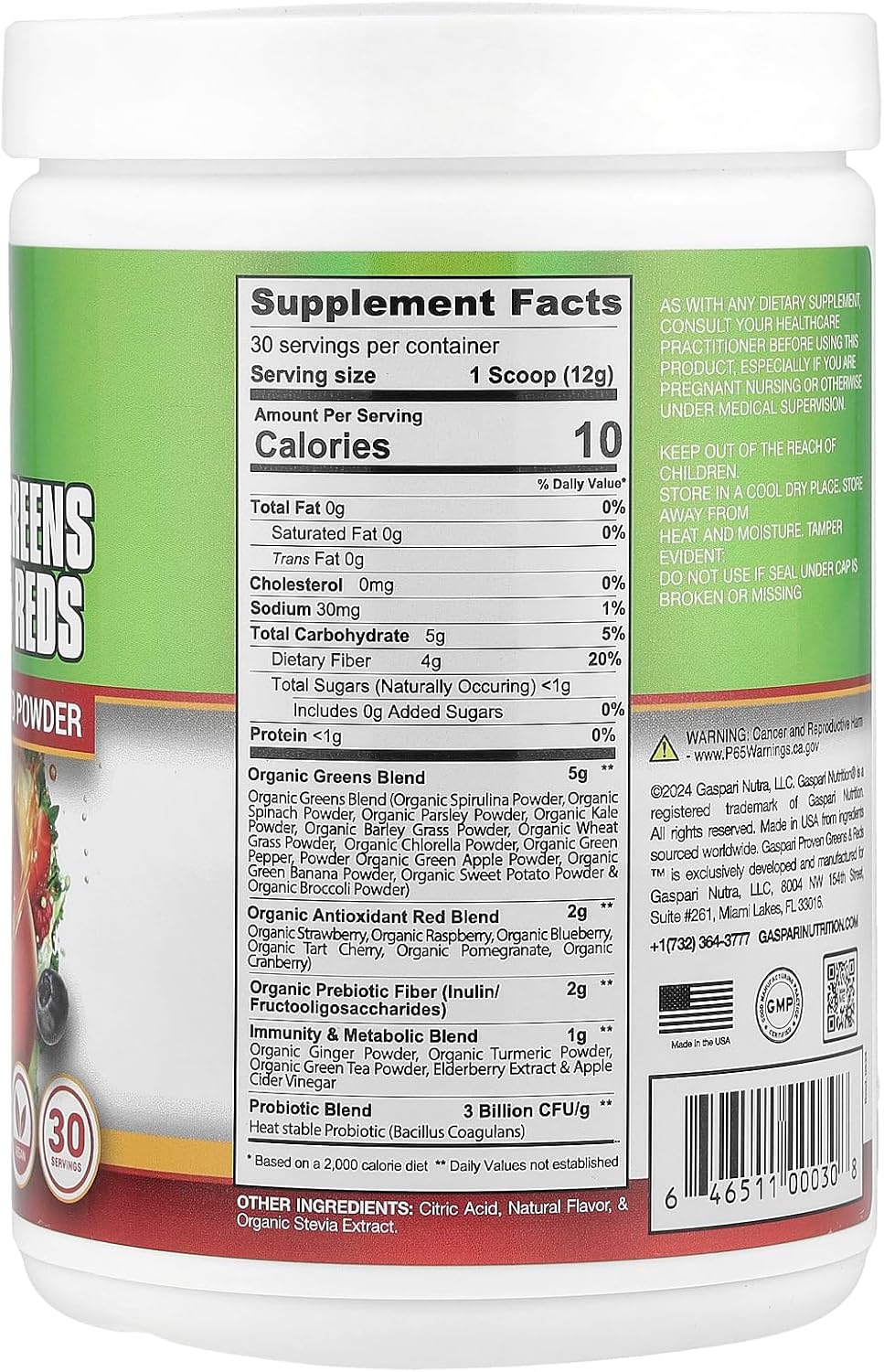 Gaspari Nutrition Organic Superfood Powder: Greens and Reds Blend with Immune Support, Probiotics, Fiber - Vegan, Non-GMO, Mango Flavor - 30 Servings
