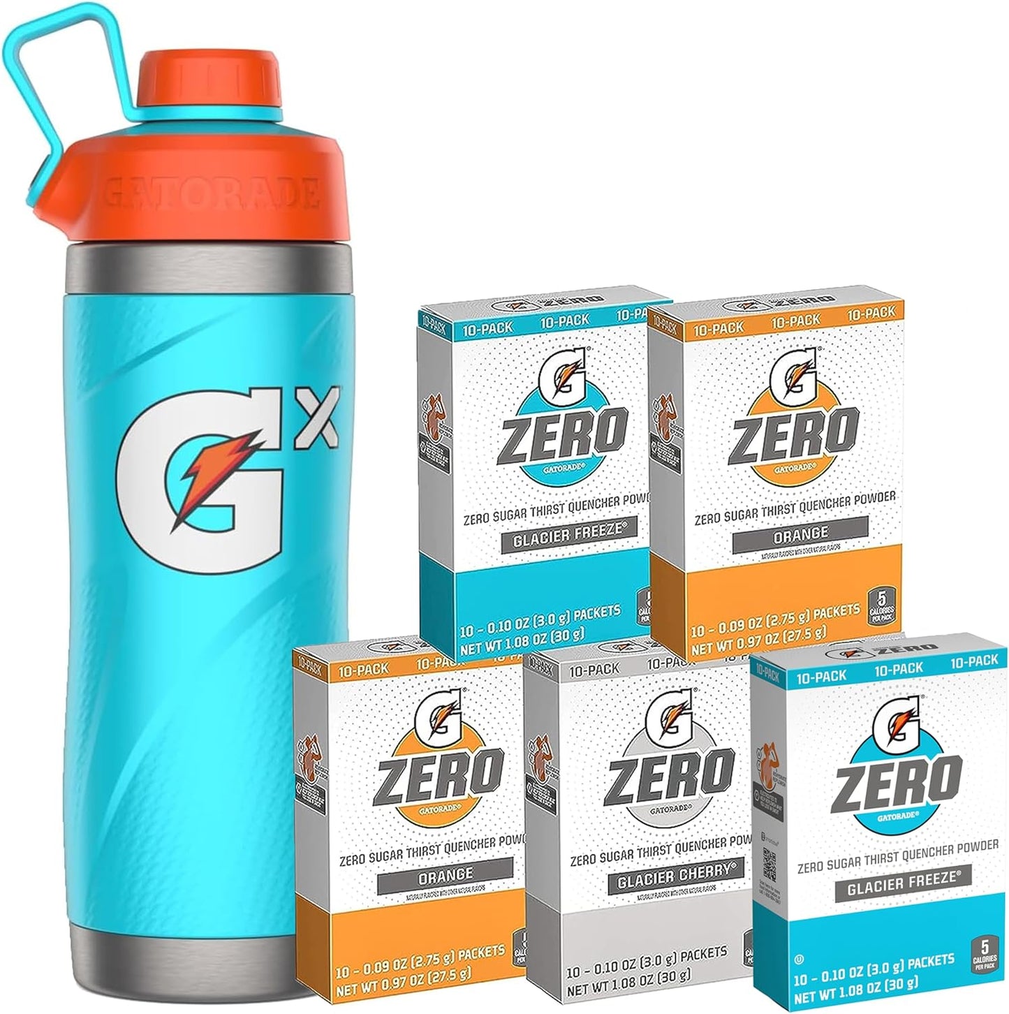 Gatorade Bundle: Stainless Steel Bottle, Neon Blue 32oz & Zero Powder Variety Pack 40 Pack