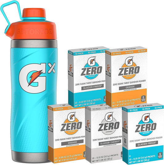 Gatorade Bundle: Stainless Steel Bottle, Neon Blue 32oz & Zero Powder Variety Pack 40 Pack