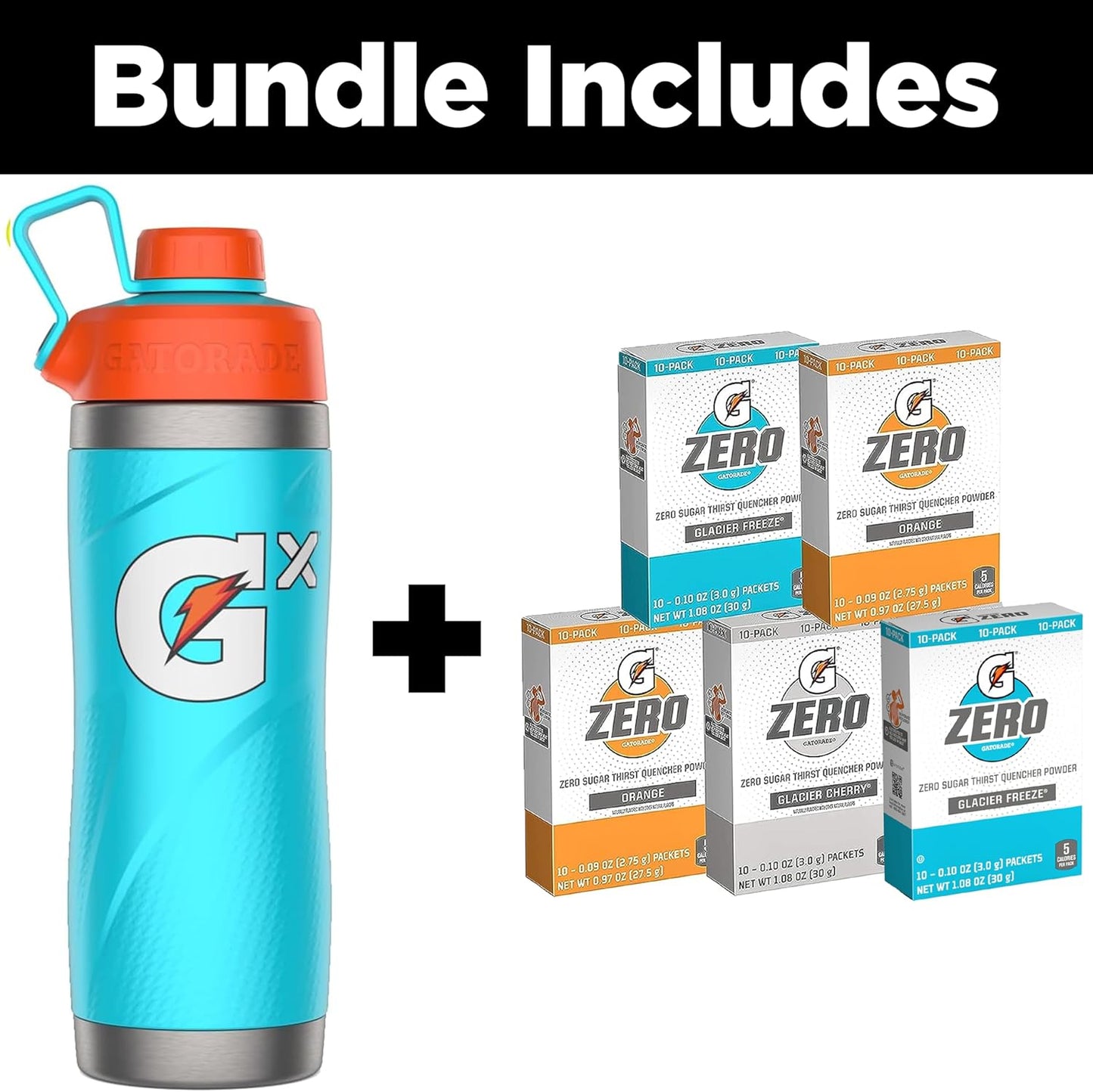 Gatorade Bundle: Stainless Steel Bottle, Neon Blue 32oz & Zero Powder Variety Pack 40 Pack