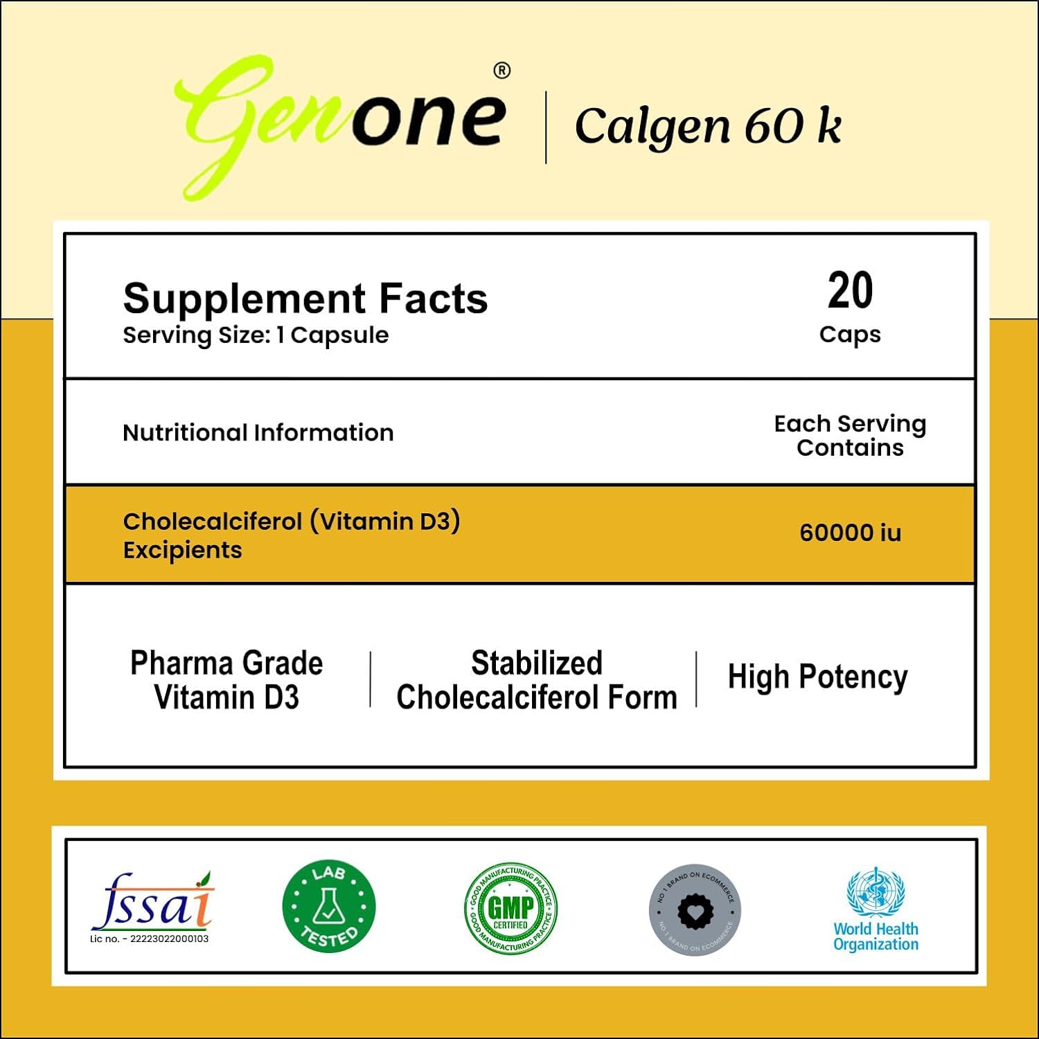 GenOne Calgen D3 Capsules - Immune Support, Bone Health, Muscle Strength (20 Count)