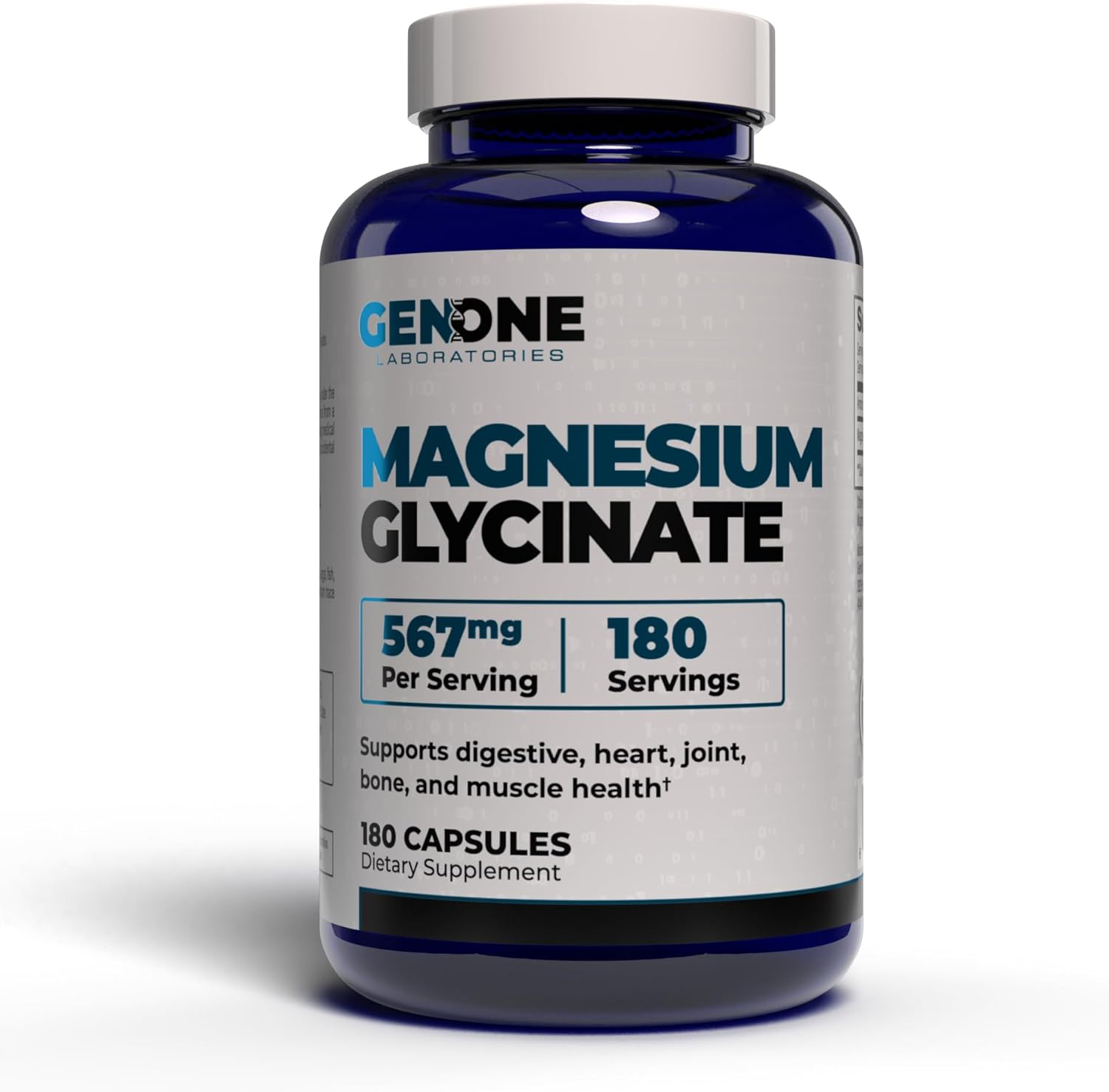 GenOne Magnesium Glycinate Capsules with Enhanced Absorption - Supports Bone Health & Mental Clarity - 567mg - 180 Count
