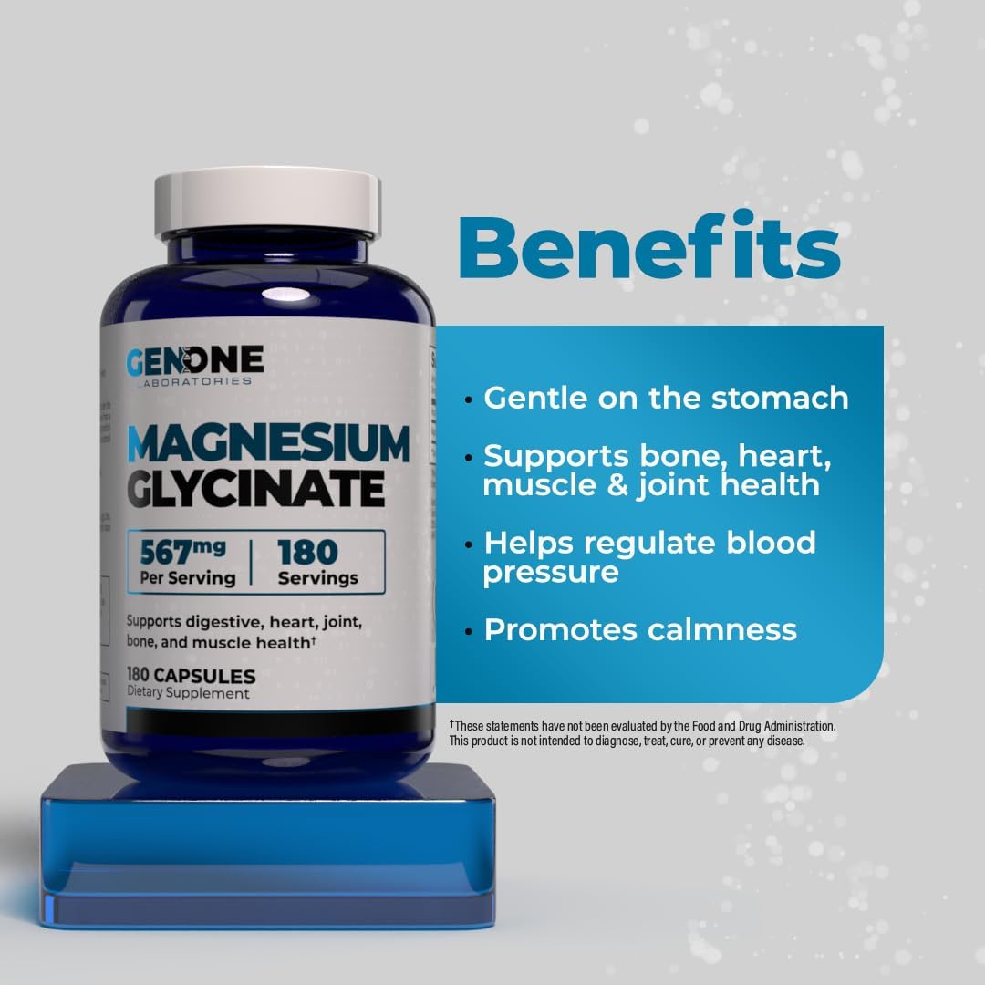 GenOne Magnesium Glycinate Capsules with Enhanced Absorption - Supports Bone Health & Mental Clarity - 567mg - 180 Count