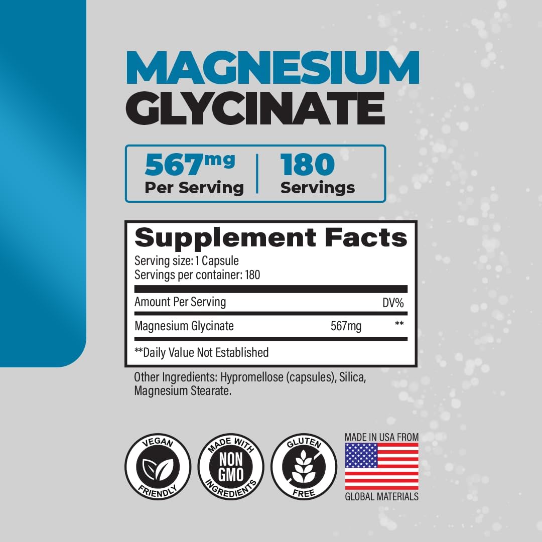 GenOne Magnesium Glycinate Capsules with Enhanced Absorption - Supports Bone Health & Mental Clarity - 567mg - 180 Count