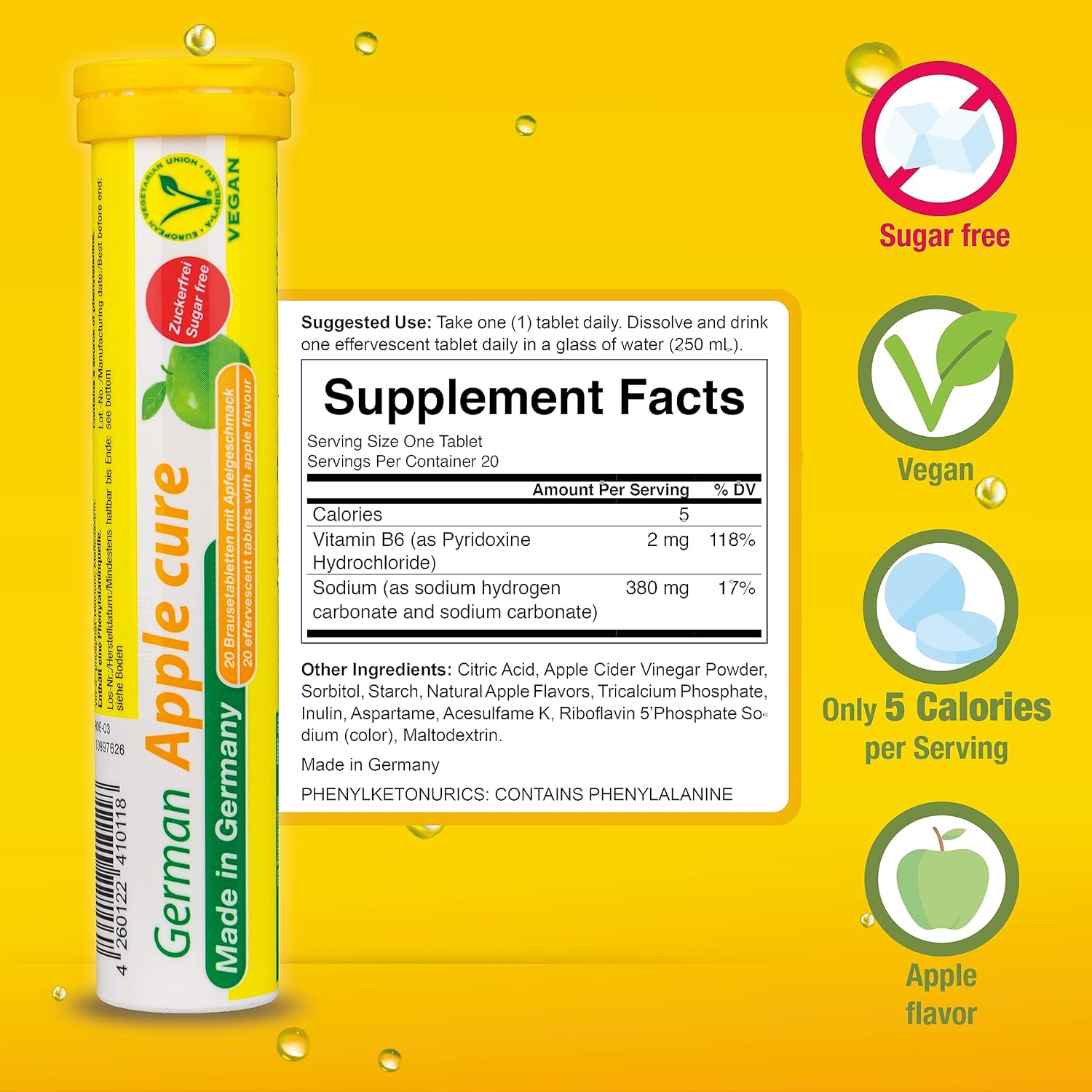 German Apple Cure Effervescent Tablets - 240 Vegan Drink Tablets - Apple Flavor - Made in Germany