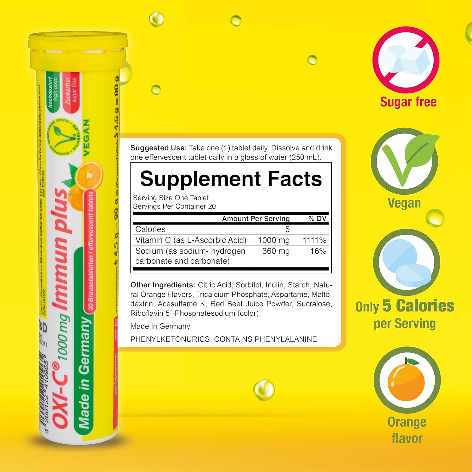 German Immune Boost Effervescent Tablets - 140 Servings, Vegan, Zero Sugar - Vitamin C, Zinc, Multivitamin Pharma - Made in Germany