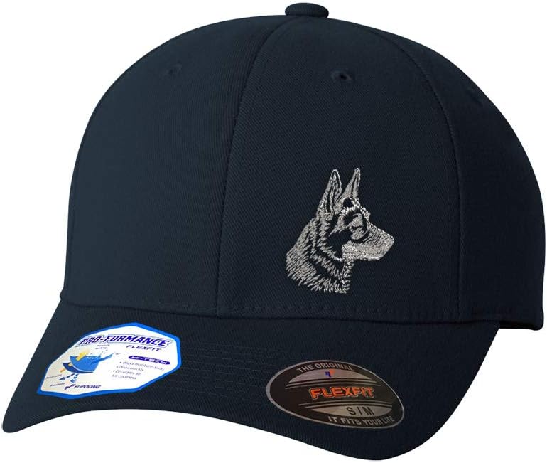 German Shepherd Head Silver Embroidery Flexfit Hat - Left Side Panel, Polyester