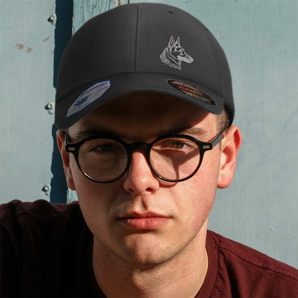 German Shepherd Head Silver Embroidery Flexfit Hat - Left Side Panel, Polyester