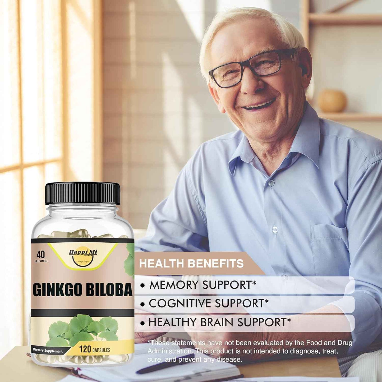 Ginkgo Biloba 1800mg, Ginkgo Biloba Organic, Memory & Brain Function Support, Improves Concentration and Cognitive Support, Clarity, 120 Veggie Caps, Non GMO, 120Caps