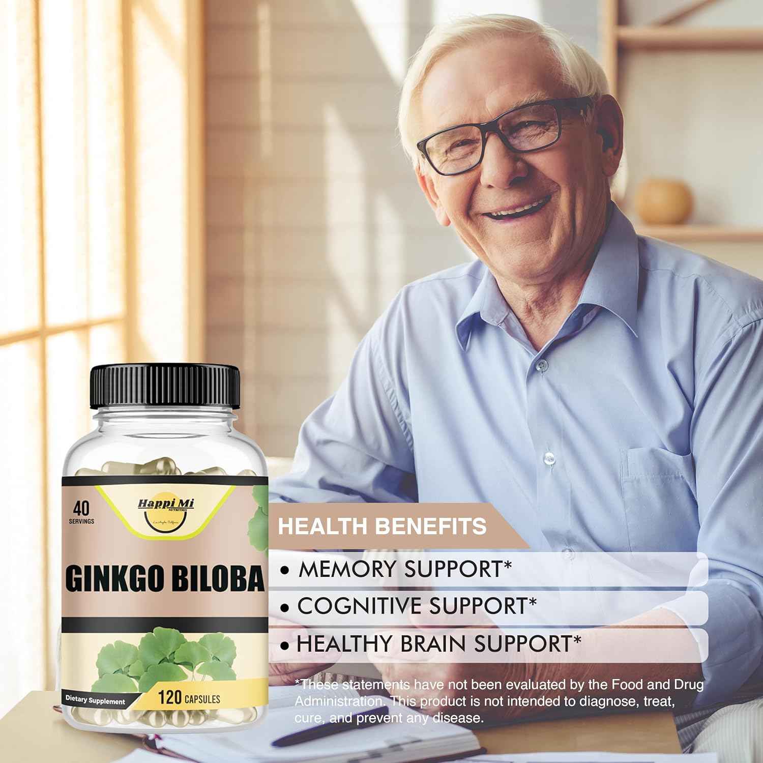 Ginkgo Biloba 1800mg, Ginkgo Biloba Organic, Memory & Brain Function Support, Improves Concentration and Cognitive Support, Clarity, 120 Veggie Caps, Non GMO, 120Caps