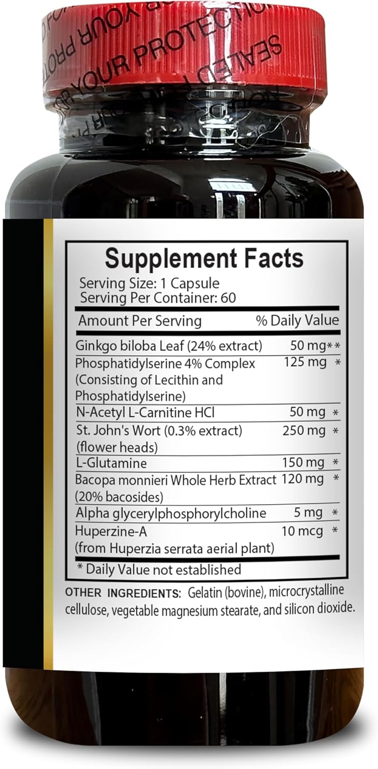 Ginkgo Biloba Brain and Memory Supplements - Neurotransmitter Support for Energy, Concentration, and Memory Enhancement - 60 Capsules
