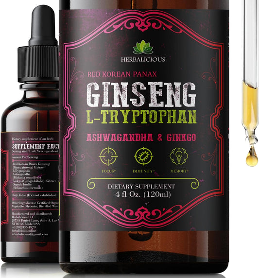 Ginseng L-Tryptophan Liquid Extract with Ashwagandha, Ginkgo, Red Korean Panax - Cognitive Support, Stress Relief, Energy Booster - 4 fl oz