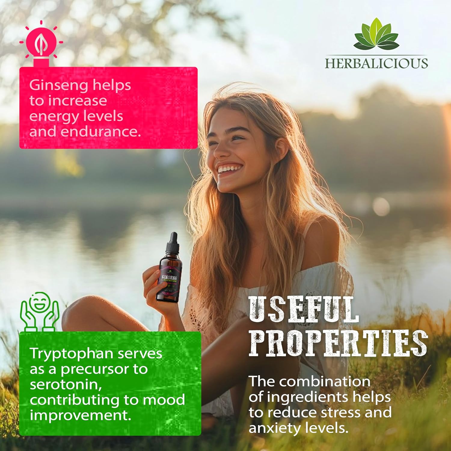 Ginseng L-Tryptophan Liquid Extract with Ashwagandha, Ginkgo, Red Korean Panax - Cognitive Support, Stress Relief, Energy Booster - 4 fl oz