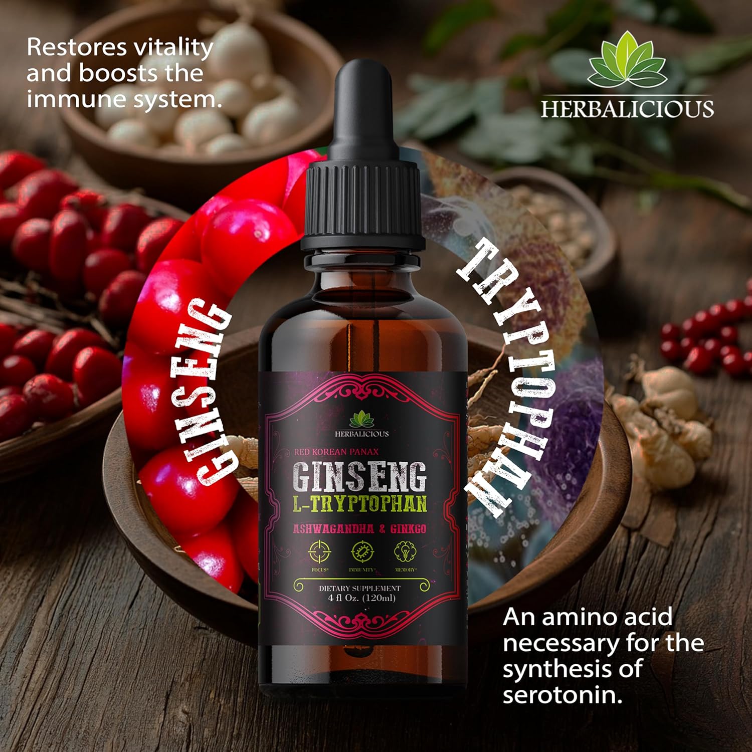 Ginseng L-Tryptophan Liquid Extract with Ashwagandha, Ginkgo, Red Korean Panax - Cognitive Support, Stress Relief, Energy Booster - 4 fl oz
