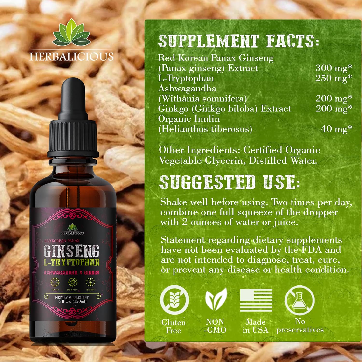 Ginseng L-Tryptophan Liquid Extract with Ashwagandha, Ginkgo, Red Korean Panax - Cognitive Support, Stress Relief, Energy Booster - 4 fl oz