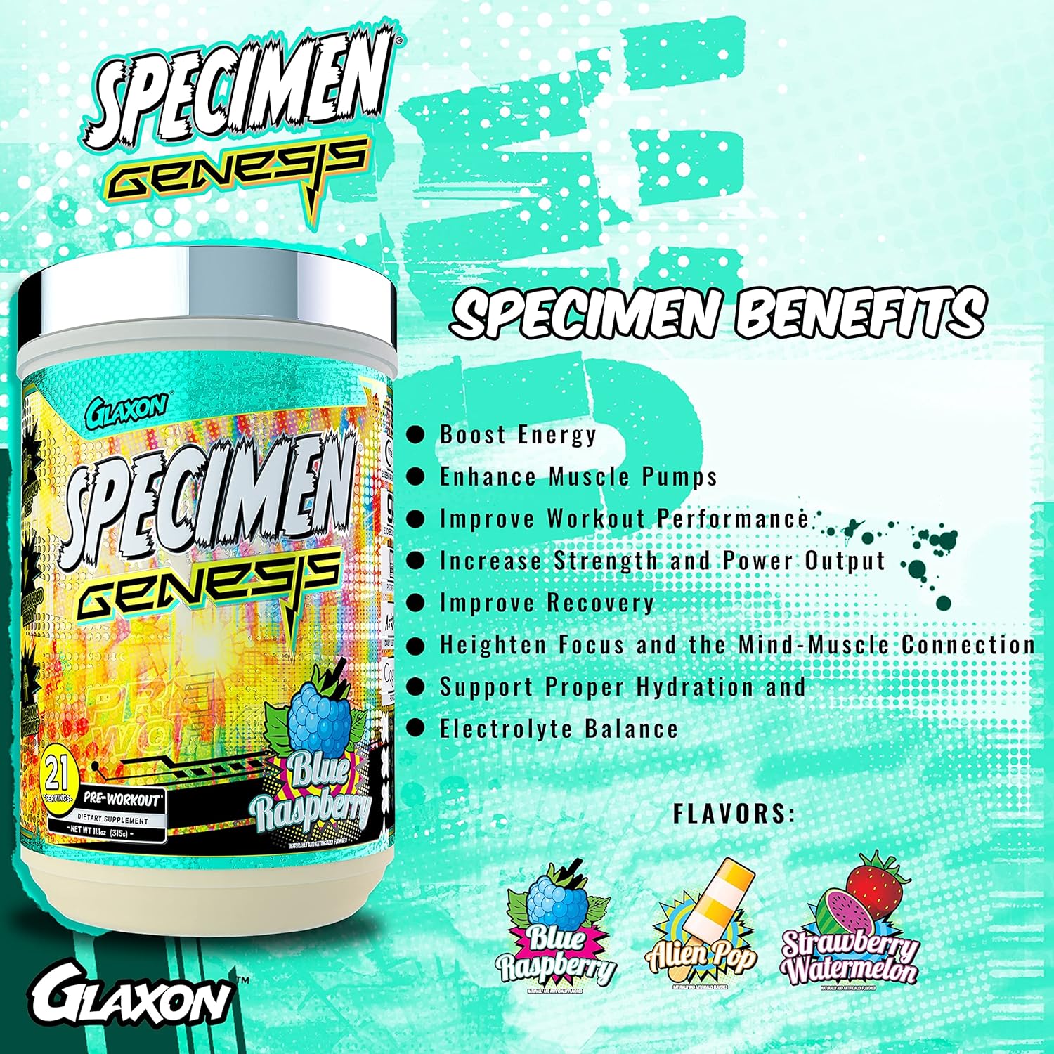 Glaxon Specimen Full Spectrum High Stimulant Pre-Workout Powder - Supercharged Energy & Muscle Pumps, Focus, Hydration - Blue Raspberry V3