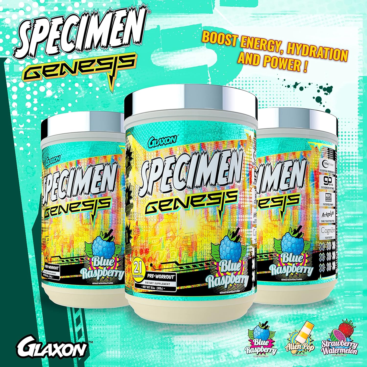 Glaxon Specimen Full Spectrum High Stimulant Pre-Workout Powder - Supercharged Energy & Muscle Pumps, Focus, Hydration - Blue Raspberry V3