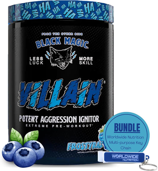 Global Nutrition Bundle for Black Magic Supply Frosty Blue Villain Pre Workout - Beta-Alanine, L-Tyrosine, Caffeine - 25 Servings + Keychain