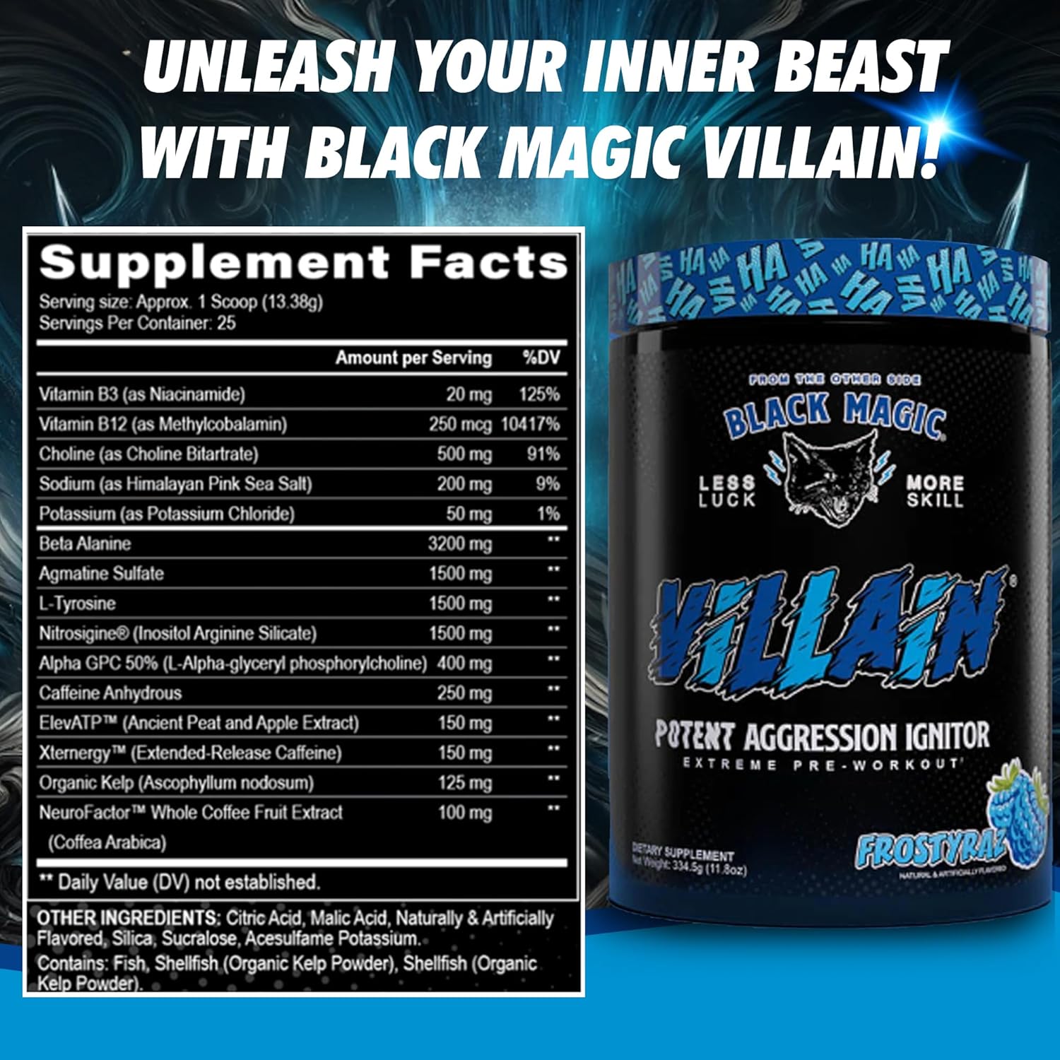 Global Nutrition Bundle for Black Magic Supply Frosty Blue Villain Pre Workout - Beta-Alanine, L-Tyrosine, Caffeine - 25 Servings + Keychain