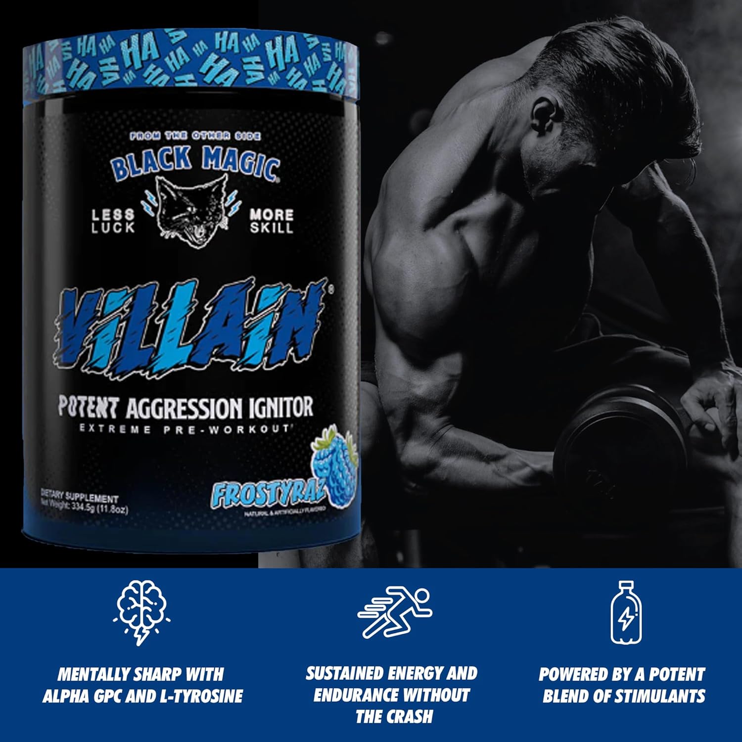 Global Nutrition Bundle for Black Magic Supply Frosty Blue Villain Pre Workout - Beta-Alanine, L-Tyrosine, Caffeine - 25 Servings + Keychain