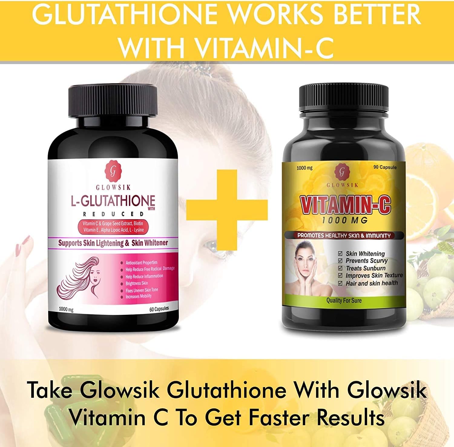 GLOWSIK L-Glutathione Skin Supplement with Vitamin C & Grape Seed Extract - 60 Capsules