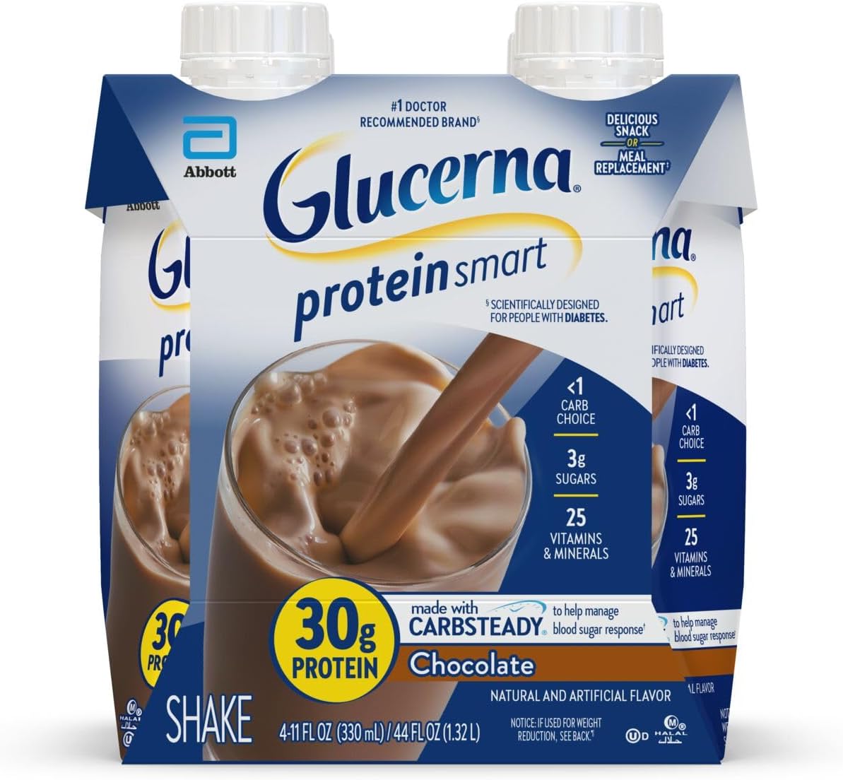 Glucerna Protein Smart Shake for Diabetics, 30g Protein, 150 Calories, Chocolate, 11-fl-oz Bottle, 4 Count