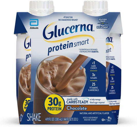 Glucerna Protein Smart Shake for Diabetics, 30g Protein, 150 Calories, Chocolate, 11-fl-oz Bottle, 4 Count