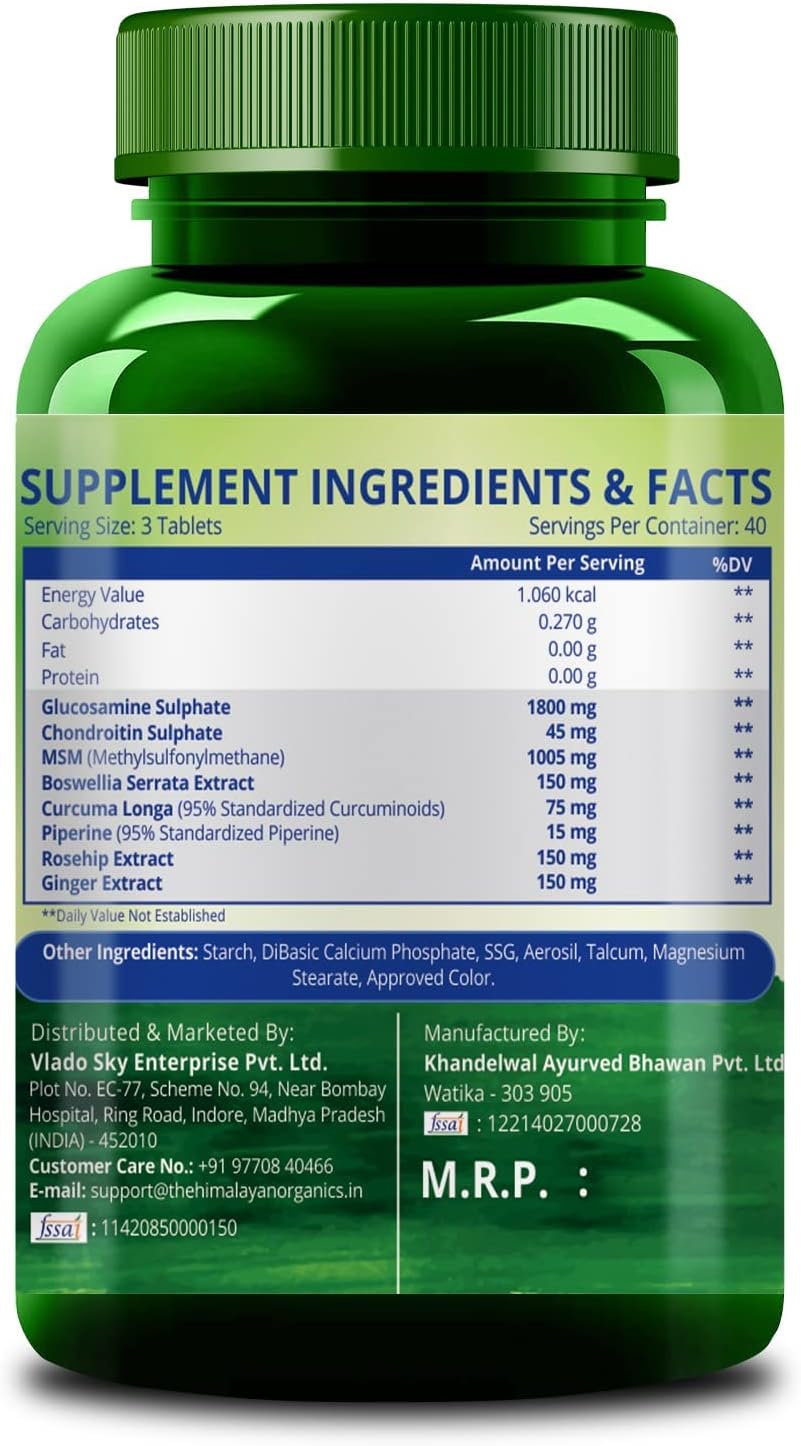 Glucosamine Chondroitin MSM with Boswellia Tablets | Bone, Joint, and Cartilage Support | Relieves Pain and Stiffness | 120 Vegetarian Tablets