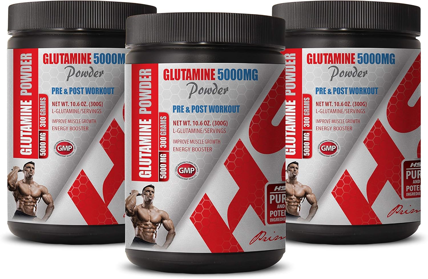 Glutamine Powder 5000mg for Muscle Recovery Pre & Post Workout - Non-GMO - 3 Cans 900g - Healthy Supplements LLC