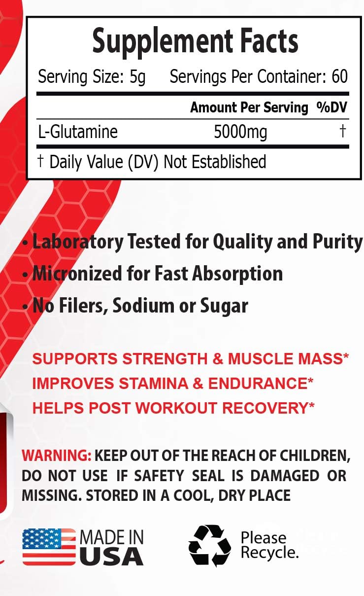 Glutamine Powder 5000mg for Muscle Recovery Pre & Post Workout - Non-GMO - 3 Cans 900g - Healthy Supplements LLC