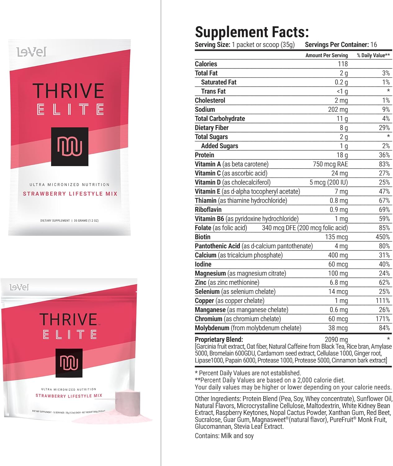 Gluten-Free Elite Protein Shake with BCAAs, Probiotics & Enzymes for Muscle Recovery & Energy - 16 Servings - Strawberry Flavor